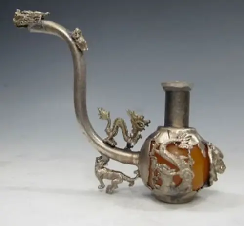 Old Handwork Inlay Yellow Jade Tibet Silver Dragon Smoking Pipe Collectible