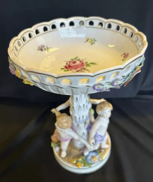 Antique VON  SCHIERHOLZ Germany Centerpiece Compote Bowl 3 Cherubs/Putti Dresden