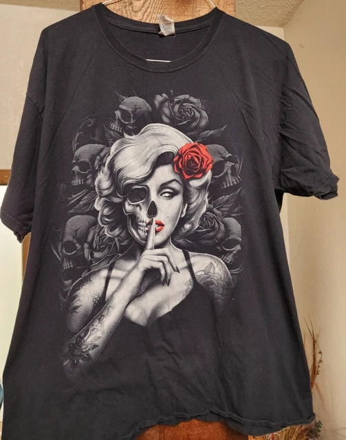 Marilyn Monroe Skull Rose Black T-Shirt Size XL Unisex