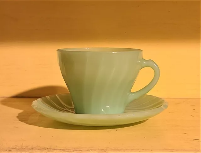 Vintage Anchor Hocking Jadeite Green Swirl Coffee/Tea Cup and Saucer