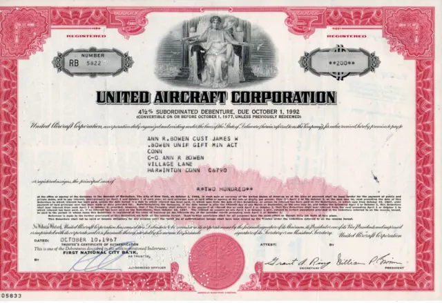 United Aircraft Corporation Bond Certificate 200 Dollars 3