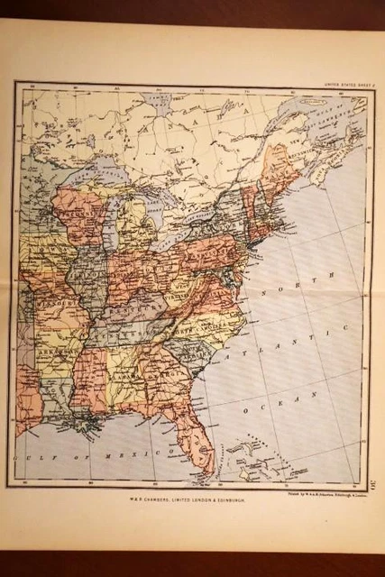 1898 Rare Antique Chambers Atlas Map-United States-Eastern Half-Excellent Detail
