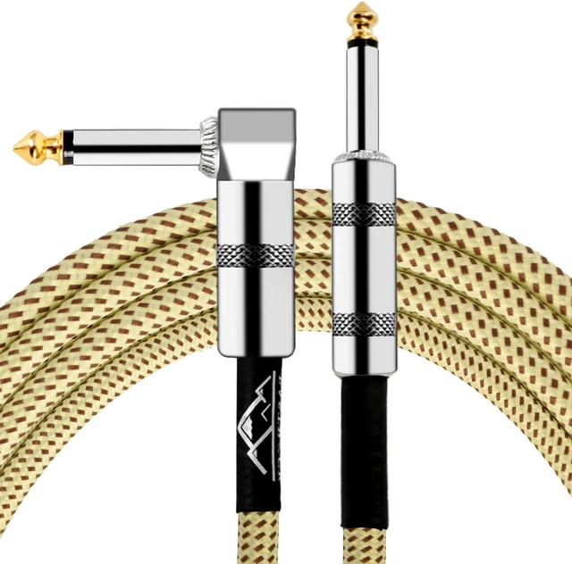 1/4" Guitar Cable 10Ft Right Angle to Straight Tweed Jacket Yellow
