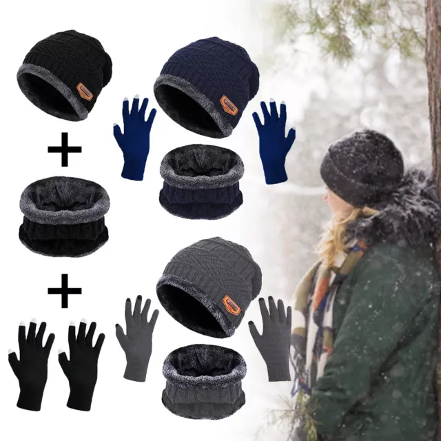 3pcs Mens Women Beanie Hat&Neck Scarf Knitted Gloves Set Adult Winter Warmer Set