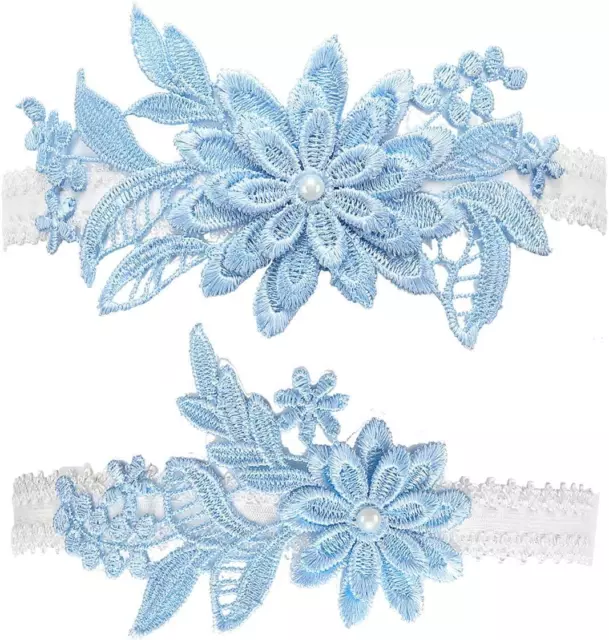 Wedding Garters Set Lace Bridal Garter Stretchy Floral Garter for Bride Blue Whi
