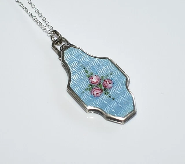 LOVELY!!!!! Antique BLUE **STERLING ENAMEL GUILLOCHE** Locket STERLING Necklace