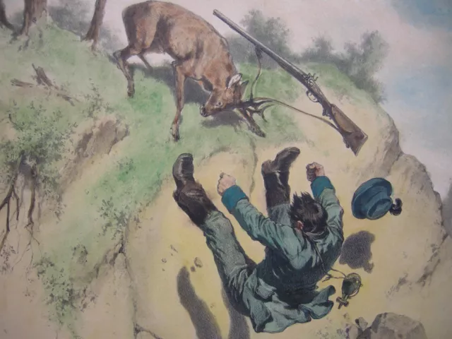 Jagd-Abenteuer kolor Orig Lithografie Tony Strassgschwandtner 1860 2