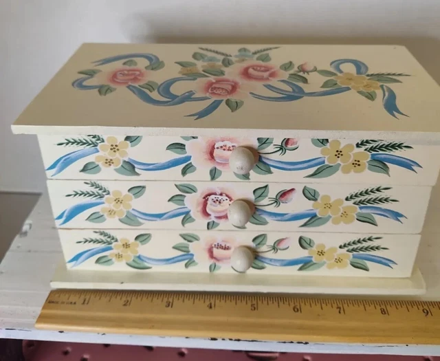 Hand Painted Jewelry Box Cottage Core 3 Drawer Wood Floral Vintage Chest Decor