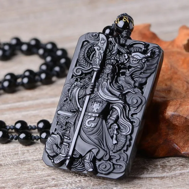 Natural black obsidian dragon Guan Gong Necklace hold broadsword pendant chain-A