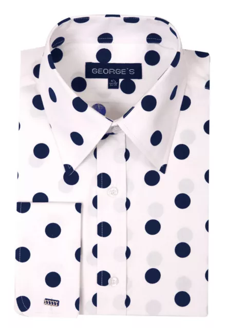 100% Cotton Men's Dress Shirt White/Navy, Big Polka Dot Style AH 616