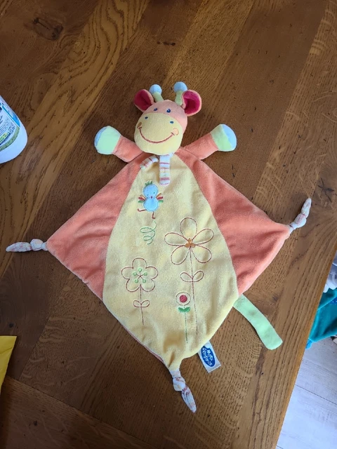 DOUDOU PLAT MOTS D'ENFANTS GIRAFE orange jaune vert oiseau fleur écharpe NEUF