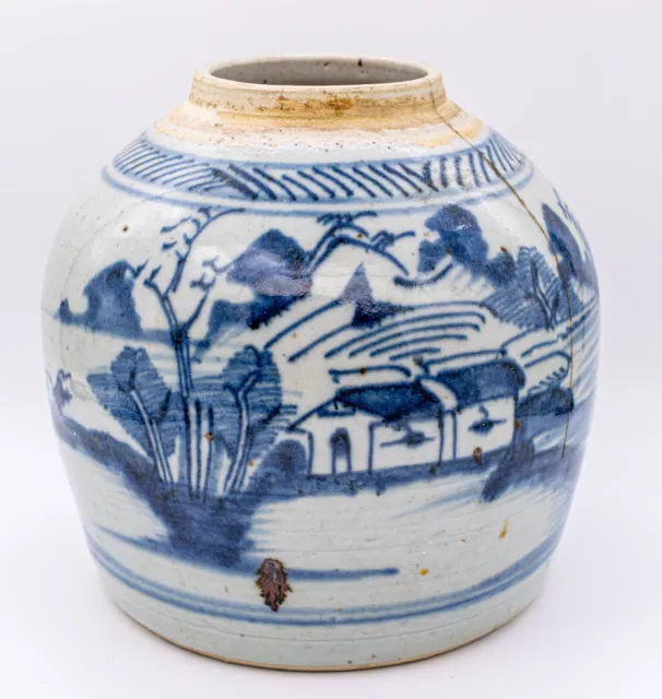 Large Chinese Blue & White Porcelain Landscape Ginger Jar Late Qing 19th-20th C.