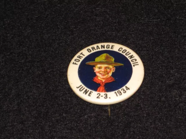 Vintage 1934 Fort Orange Council Boy Scout Pin Old BSA Pinback Whitehead & Hoag