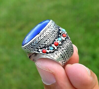Turkmen Lapis Lazuli Stone Ring Tribal Kuchi Silver Afghan Jewelry Ethnic Gypsy