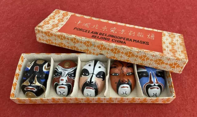 Vintage Set of 6 Miniature Chinese Porcelain Beijing Opera Masks w Box Gift idea