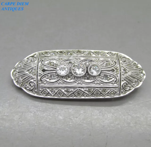 ART DECO LUXURY 0.80CT OLD CUT DIAMOND SOLID 18K WHITE GOLD BROOCH 6.5g c1930