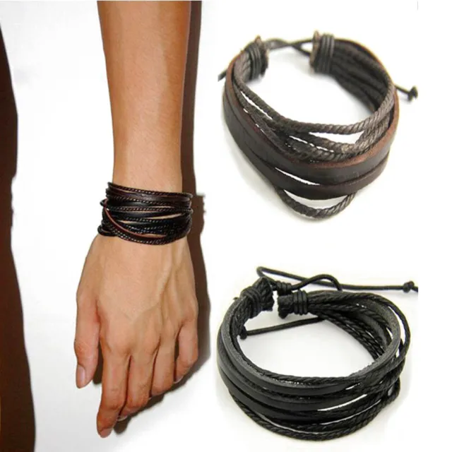 Man Adjustable Multi Row Leather Bracelet Braided Wrist Band Wristband Bangle