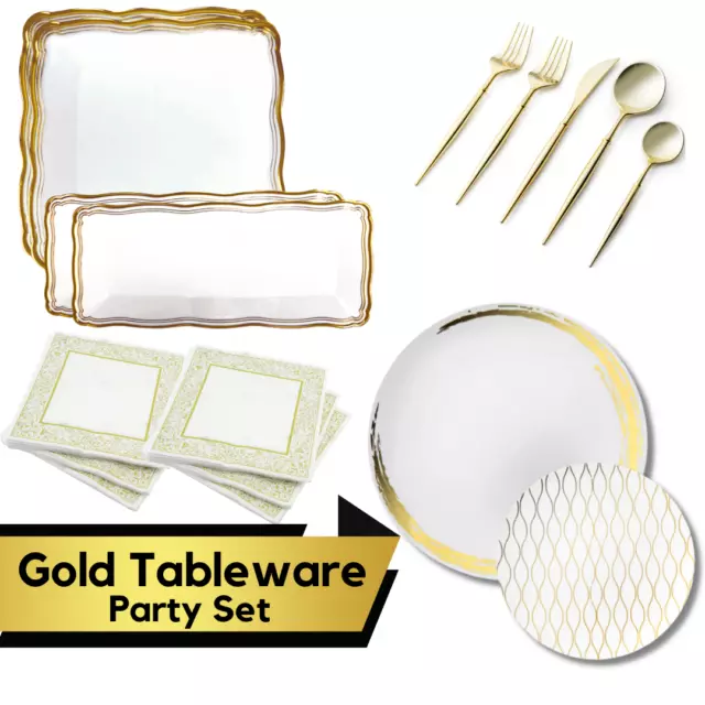 Plastic Disposable Gold Plates Cutlery Serving Trays Napkins Tableware Reusable