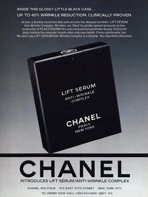1987 Chanel: Glossy Little Black Case Lift Serum Vintage Print Ad