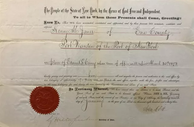 John A. Dix- Signed Historical 1873 Document (NY Gov/Secretary Of Treasury)