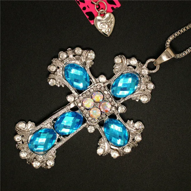New Betsey Johnson Blue Bling Crystal Cross Pendant Sweater Chain Women Necklace