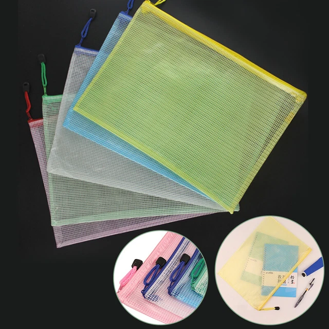 Transparent Plastic Office Document Wallets Mesh Net Zip Files Folder Bags Pouch