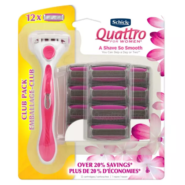 Schick Quattro para mujer - 1 navaja + 12 cartuchos de recarga de hoja de afeitar nuevos en caja
