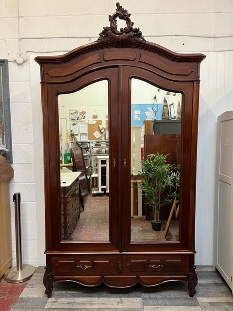 Vintage oak Louis XV style French armoire 2 door mirrored wardrobe & drawers