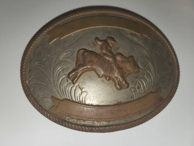 Antique Vtg Western Big Belt Buckle German Silver Copper Bull Rodeo Cowboy