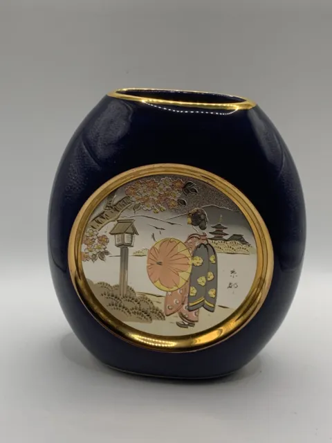 Art of Chokin Lady in Japanese Garden Small Vase 24K  GOLD EDGING Blue