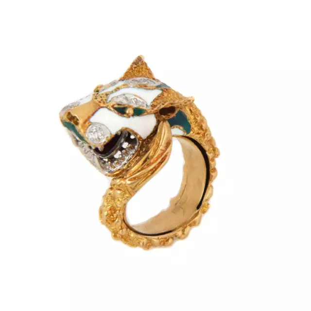 Vintage Diamond Enamel 18k Two Tone Gold Bypass Dog/Wolf Head Ring Size 6.5
