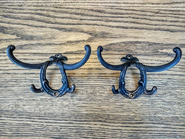 Pair 4 PRONG Brass? Cast Iron Coat Rack Hooks Hat Hanger Victorian Towel Holders