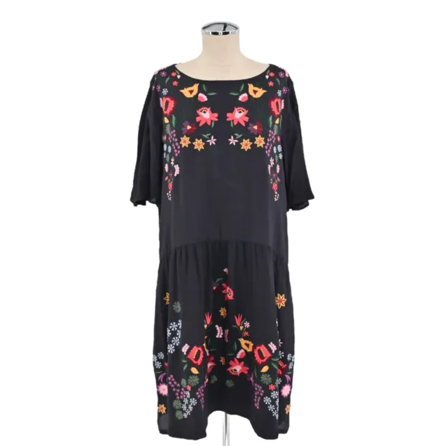 FRENCH CONNECTION Womens Size 12 Alice Drape Dress Black Embroidered Floral Boho