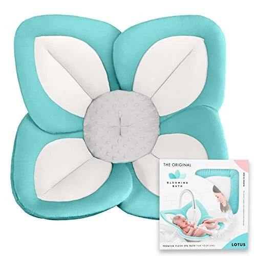 Lotus Bath Seat - Plush Minky Baby Sink Bathtub - The Seafoam/White/Gray