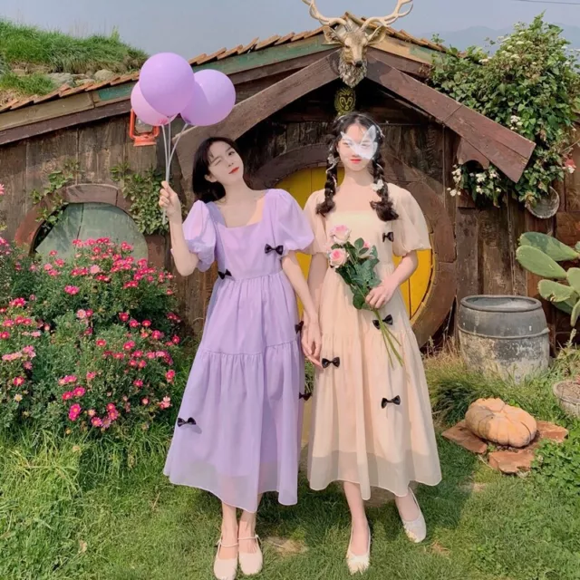 Donna Rete Fairy Abito Lolita Puff Maniche Fiocco Dolce Elegante Ballo Chic