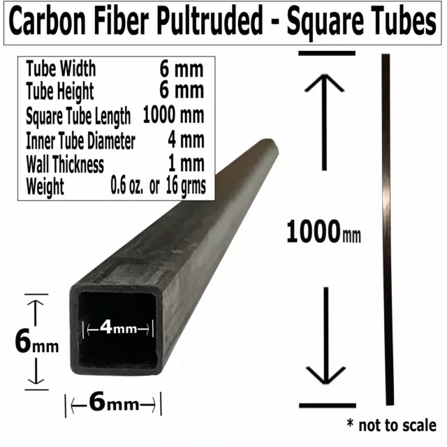 (1) Pultruded Square Carbon Fiber Tube - 6mm x 6mm x 1000mm
