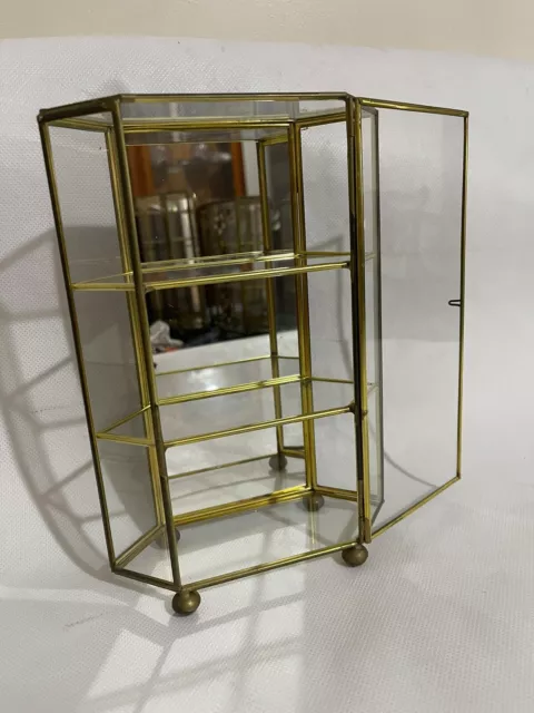 Brass & Glass Mini Curio Cabinet  Jewelry Trinket 3 Panel Display Vintage