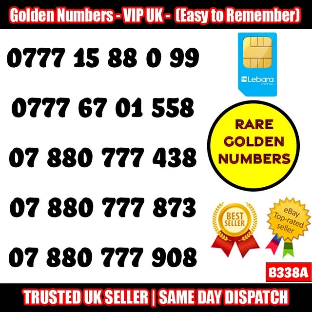 Golden Number VIP UK SIM Card - LOTTO numeri di cellulare facili da ricordare - B338
