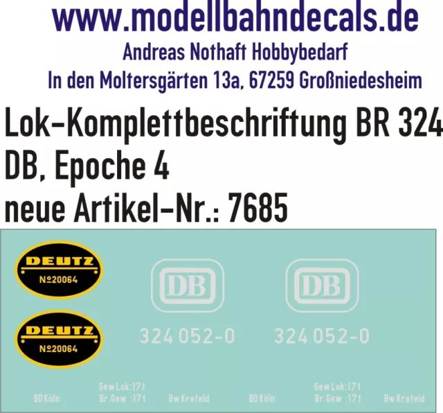 H0-Komplettbeschriftung für DB-Lok BR 324 - 087-7685 TOP Neu