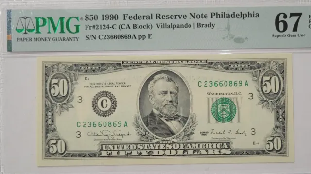 1990 $50 Fr#2124-C  Federal Reserve Note Philadelphia  PMG 67 EPQ SUPERB GEM NEW