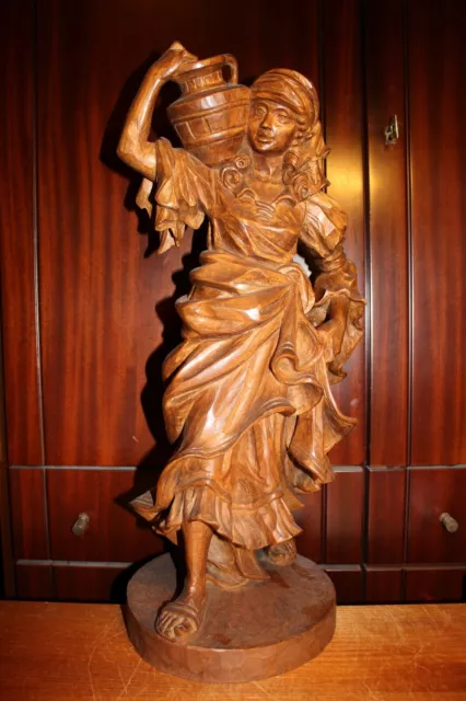 19Th 23" Wood Hand Carved Woman Female Water Bearer Statue Figure Sculpture Gift