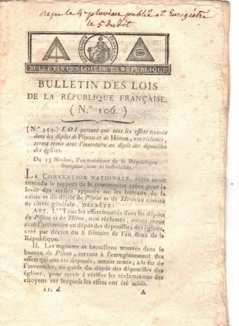 ** Rare Document de 1795, Loi sur les Effets Trouvés, Vignette aux Francs Maçons