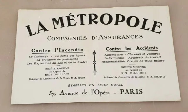 Buvard Publicitaire La Métropole compagnies d'assurances a Paris