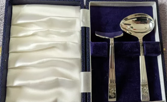 Vintage Angora Silver Plate Baby Spoon And Pusher In Case Christening Set 2