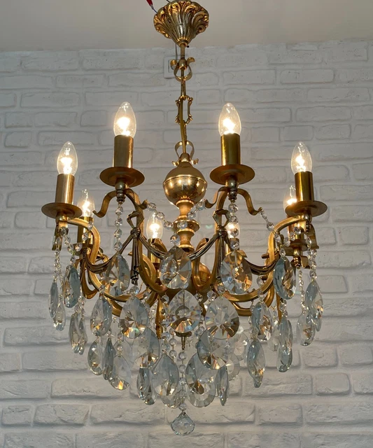 Antik Vintage 8 Arme Messing & Kristalle Kronleuchter Beleuchtung Lampe