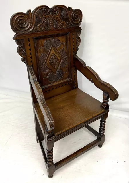 ANTIQUE Oak Carved & Inlaid WAINSCOT Chair Armchair Manner of  17th Century 3