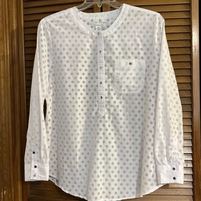Liz Claiborne XL Tunic Blouse-LongSleeve-White Dots SemiSheer-1/2 Button Up-NWT