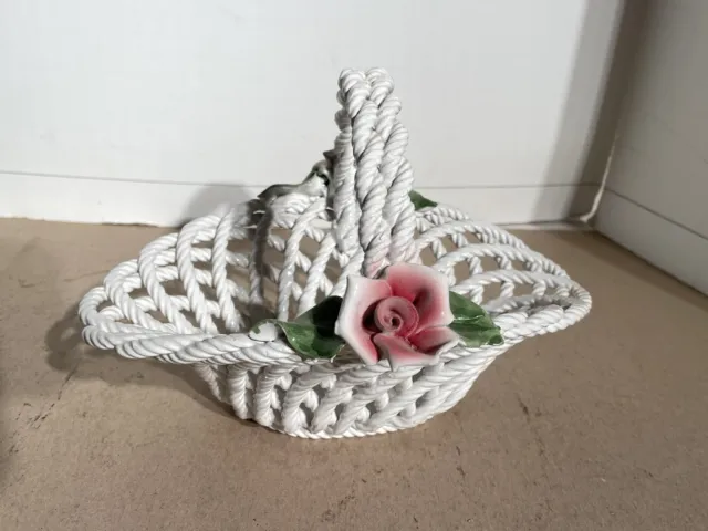 Vintage Capodimonte White Woven Porcelain Basket With 2 Pink Roses Made in Italy