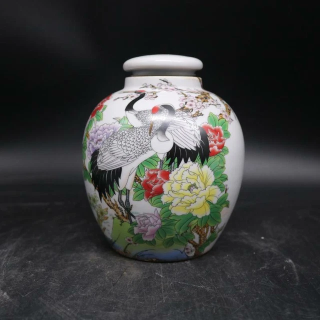 Chinese Jingdezhen Famille Rose Porcelain Pot Crane Peony Tea Caddy 5.7 inch