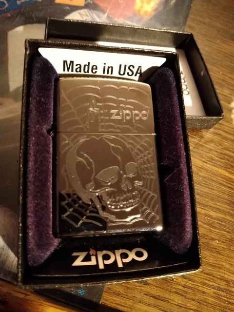 Zippo Chrome Lighter Skull with Web BNIB